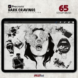 May include: A digital art collection displayed on a tablet, featuring black and white illustrations of dark themes. The text reads "Dark Cravings Blackwork Collection" and "65 Stamp Brush". The images include a face exhaling smoke, pills, and a syringe.