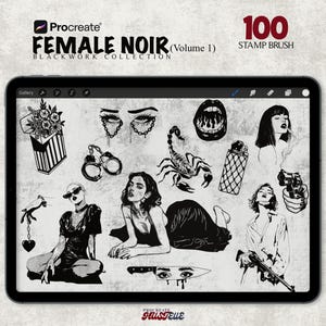 Può includere: Un tablet digitale mostra una collezione di illustrazioni in bianco e nero a tema "Female Noir". Le immagini includono labbra, occhi, uno scorpione e donne con pistole. Il testo "100 Stamp Brush" è anch'esso visibile.