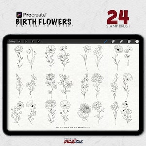 Pacchetto di timbri per tatuaggi Procreate con fiori di nascita, timbri con pennello, stencil per tatuaggi Procreate, design per tatuaggi Procreate, pennelli Procreate per tatuaggi