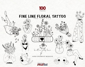 Paquete de arte floral de línea fina PNG SVG, diseño floral vectorial dibujado a mano, arte floral minimalista, clipart PNG Svg, diseño floral, tatuaje PNG Svg