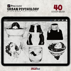 May include: A tablet screen displaying a digital art collection of black and white illustrations. The text reads "Urban Psychology Blackwork Collection" and "40 Stamp Brush". The images are surreal and artistic.