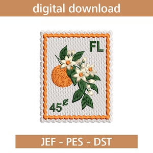 Florida Stamp Embroidery Design 3 Inch, Orange Blossom Patch File, Vintage Postage Style, Machine Embroidery PES DST JEF