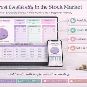 May include: A laptop and smartphone display an investment tracker with charts and data. The text "Invest Confidently in the Stock Market" is at the top. Additional text includes "Excel & Google Sheets" and "Beginner Friendly". A jar of money and coins are also visible.
