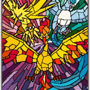 May include: Stained glass artwork featuring three legendary bird-like creatures. The artwork uses a mosaic style with vibrant colors including yellow, red, blue, and purple. The creatures are set against a background of various colors.