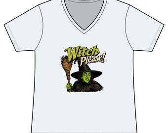 ¡Por favor, bruja! Camiseta retro con estampado de bruja / Camiseta de Halloween con cuello en V