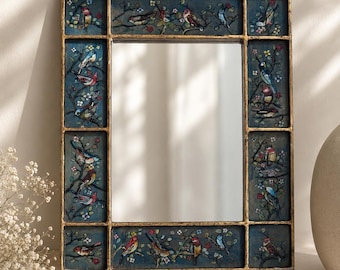 Vintage Peruvian Reverse Painted Mirror Bird Floral Wood Frame Gold Gilt 16x13"