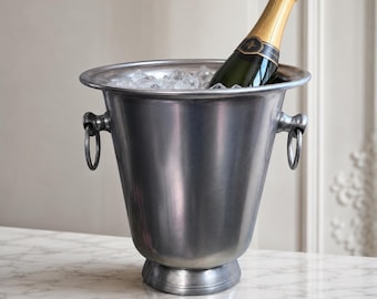 Vintage Silver Tone Champagne Bucket | Footed Wine Cooler | Ring Handle Ice Bucket | Mid Century Bar Decor