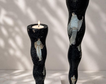 Vintage Erté Art Deco Decoupage Candle Holders Pair Black Candlesticks | Erté Opening Night Decor | Hollywood Regency Style