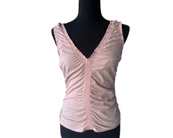Express roze tanktop met ruches en V-hals, klein mouwloos stretchtricot dames Y2K
