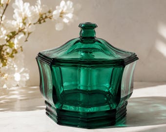 Tarro de cristal vintage verde esmeralda con tapa, bombonera Art Déco, recipiente de boticario, decoración Hollywood Regency, caja de baratijas de cristal verde