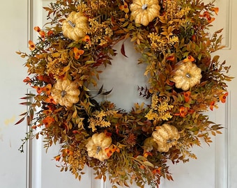 Fall Pumpkin Wreath – Autumn Front Door Decor with Faux Pumpkins & Foliage