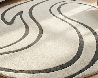 Abstract Round Area Rug Modern Minimalist Neutral Sculptural Living Room Decor