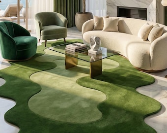 Abstract Moss Grass  Rug: Tufted Green Wavy Carpet - Nature Inspired Decor