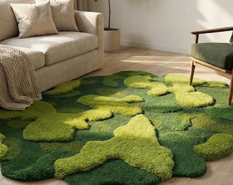 Moss Grass  Rug: Handmade Tufted Wool Area Rug | 3D Textured Carpet | Nature Inspired Green