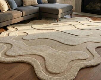 Beige Cream Irregular Wool Rug, Hand Tufted Abstract Area Rugs for Living Room