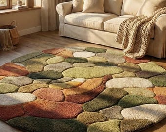 Round Moss Area Rug | 3D Pebble Carpet, Boho Living Room Decor