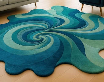 Blue Abstract Area Rug – Hand-Tufted New Zealand Wool, Wavy Gradient Design
