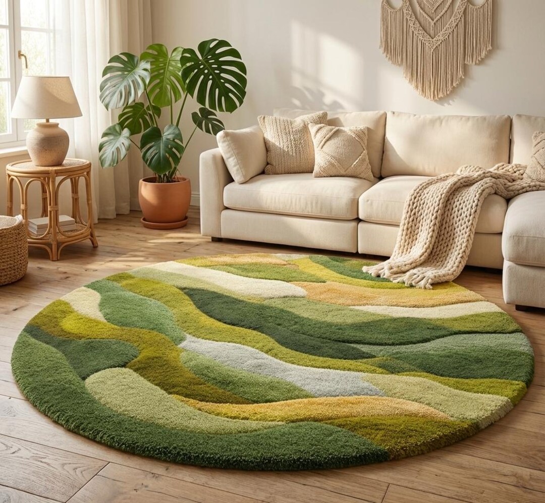 Hand-tufted Wool Area Rug: Moss Texture, Earthy Landscape Carpet Round ...