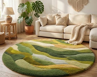 Hand-Tufted Wool Area Rug: Moss Texture, Earthy Landscape Carpet Round shape