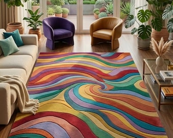 May include: A rectangular area rug featuring a vibrant, multi-colored pattern of swirling, wavy lines in shades of red, orange, yellow, green, blue, and purple. The rug has a textured, carved appearance with deep grooves between the color bands.