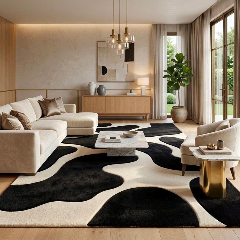 May include: A large area rug featuring a bold, abstract pattern of fluid, organic black shapes against a cream-colored background. The rug covers a significant portion of the floor, extending beneath a light-colored sectional sofa and a matching armchair.