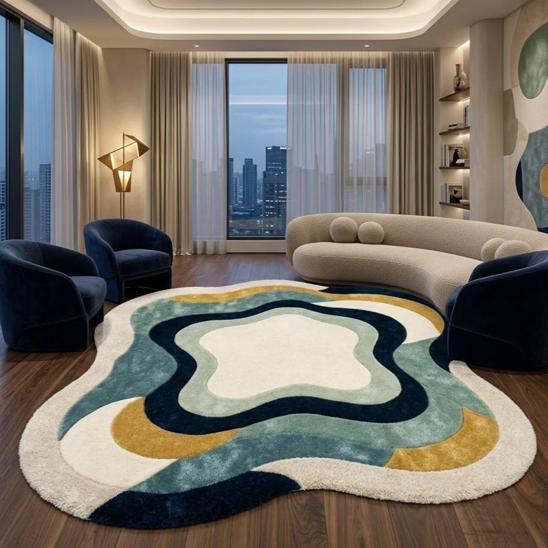Abstract Hand Tufted Modern Wave Teal Blue & Gold Irregular Shape Area ...