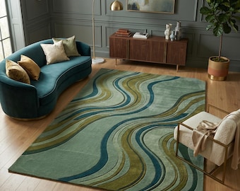 Abstract Wavy Tufted Rug, Mid-Century Modern Area Carpet, Sage Teal Living Room Décor