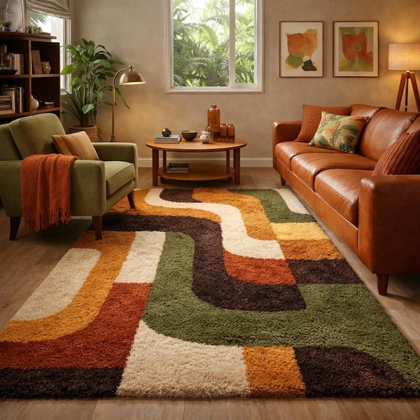 Retro Mid Century Geometrische Teppich: Handgetufteter Plüsch Wollteppich
