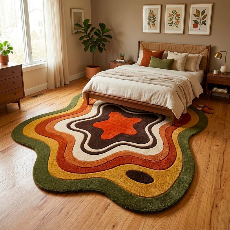 Puede incluir: Una alfombra de forma org&aacute;nica irregular con capas conc&eacute;ntricas onduladas en tonos verde oliva, amarillo mostaza, naranja quemado, marr&oacute;n y crema. La alfombra tiene un pelo grueso y texturizado y est&aacute; colocada sobre un suelo de madera clara.