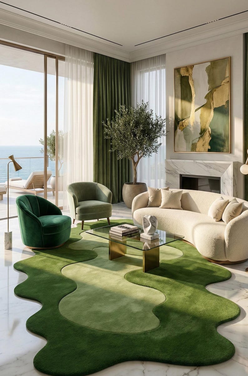 Abstract Moss Grass Rug: Tufted Green Wavy Carpet - Nature Inspired ...