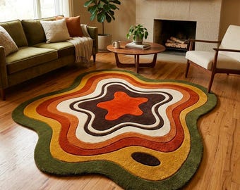 Hand Tufted Wool Area Rug: Abstract Organic Shape Green Orange Brown Vintage MCM Rug