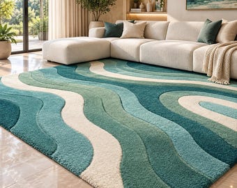 Handmade Wool Area Rug: Coastal Waves Design, Aqua Blue & Teal