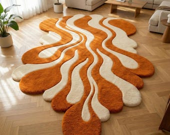 Hand Tufted Abstract Wool Rug, Orange Ivory Organic Shape Area Rug,