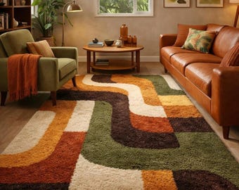 Retro Mid Century Geometric Area Rug: Hand Tufted Plush Wool Carpet