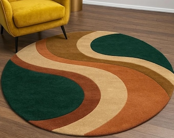 Retro Wave Round Rug: Mid-Century Modern Green, Orange & Beige