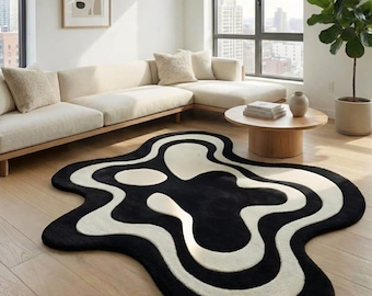 Alfombra abstracta en blanco y negro, moderna y ondulada, minimalista para sala de estar.