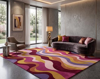 Hand Tufted Wool Rug, 70s Retro Wavy Design, Psychedelic Swirl Carpet