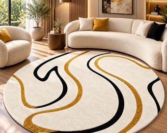 Peut inclure: Un grand tapis circulaire avec une base couleur crème ornée de lignes abstraites fluides en noir et jaune moutarde. Le motif se compose de courbes sinueuses qui créent une impression de mouvement sur toute la surface ronde.