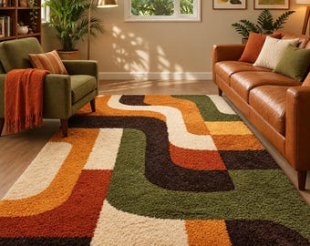 Retro Mid Century Geometric Area Rug: Hand Tufted Plush Wool Carpet
