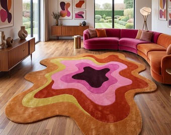 Alfombra retro ondulada tejida a mano, forma orgánica irregular en capas color óxido naranja.