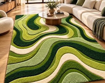 May include: A rectangular area rug featuring a textured, multi-layered design with flowing, wavy bands in various shades of green, including forest green, lime, and olive, interspersed with cream-colored curved lines throughout the surface.