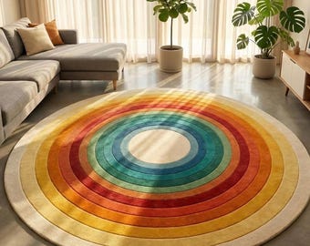 Hand-tufted Wool Rainbow Round Rug, Soft Plush Bohemian Carpet
