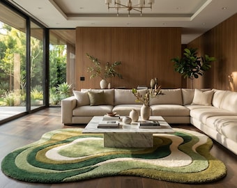 Wavy Green Wool Area Rug: Mid-Century Modern Abstract