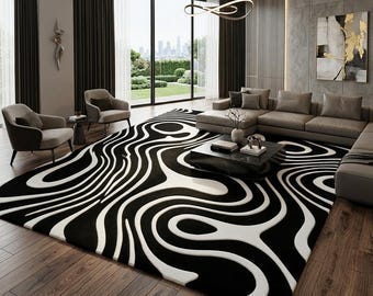 Hand Tufted Wool Area Rug: Black & White Abstract  Design Carpet