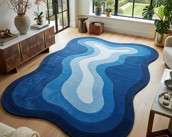 Blue Wool Rug: Hand-Tufted Amoeba Shape, Minimalist Design
