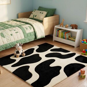 May include: A rectangular area rug featuring a black and white cow print pattern. The rug is placed on a wooden floor in a room with a bed, a white bookshelf containing books and animal figurines, and a stuffed cow toy sitting on the rug.