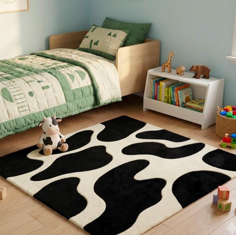 May include: A rectangular area rug featuring a black and white cow print pattern. The rug is placed on a wooden floor in a room with a bed, a white bookshelf containing books and animal figurines, and a stuffed cow toy sitting on the rug.