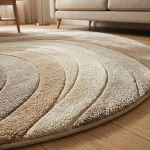May include: A round rug with a gradient design in shades of beige and brown. The rug features a textured, looped pile and a curved pattern, creating a soft, inviting look. The rug is placed on a wooden floor, with a glimpse of a sofa in the background.