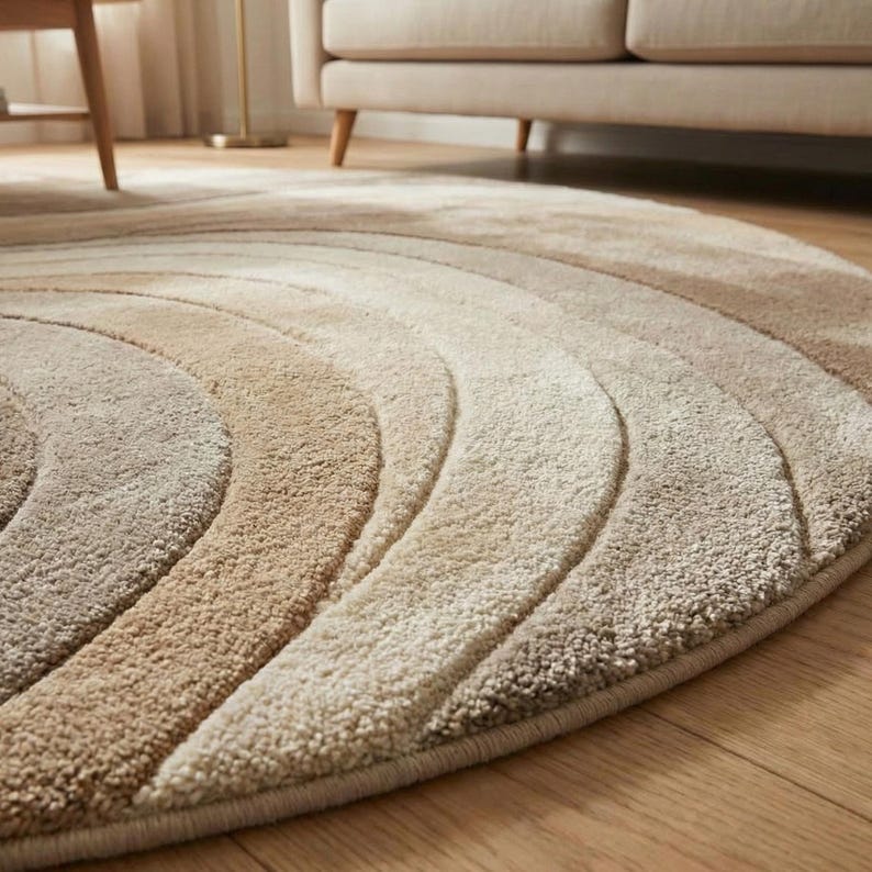 May include: A round rug with a gradient design in shades of beige and brown. The rug features a textured, looped pile and a curved pattern, creating a soft, inviting look. The rug is placed on a wooden floor, with a glimpse of a sofa in the background.