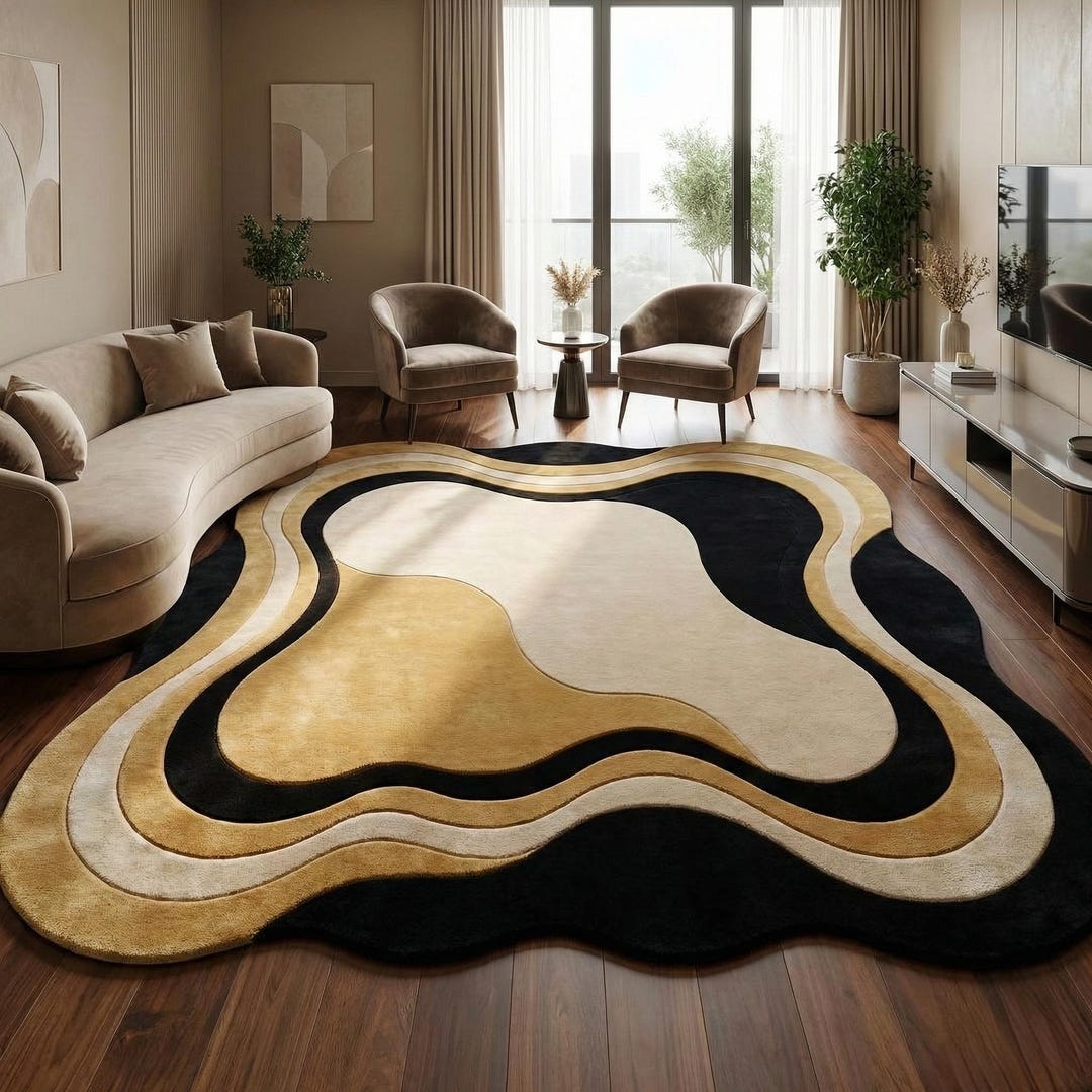 Hand Tufted Abstract Shape Rug, Black Gold Organic Irregular Area Rug ...